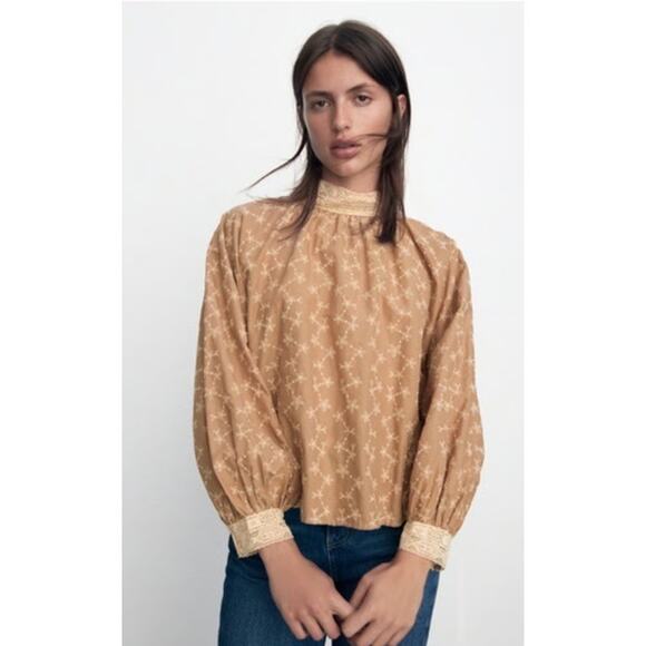 Zara Shirt Womens Medium Long Sleeve Lace Embroidered Flowers Cottagecore Boho - Picture 1 of 9